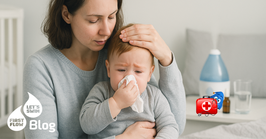 Mama hält ihr Kleinkind beim Naseputzen – Unterstützung und Hausmittel bei Erkältung für Babys und Kinder.